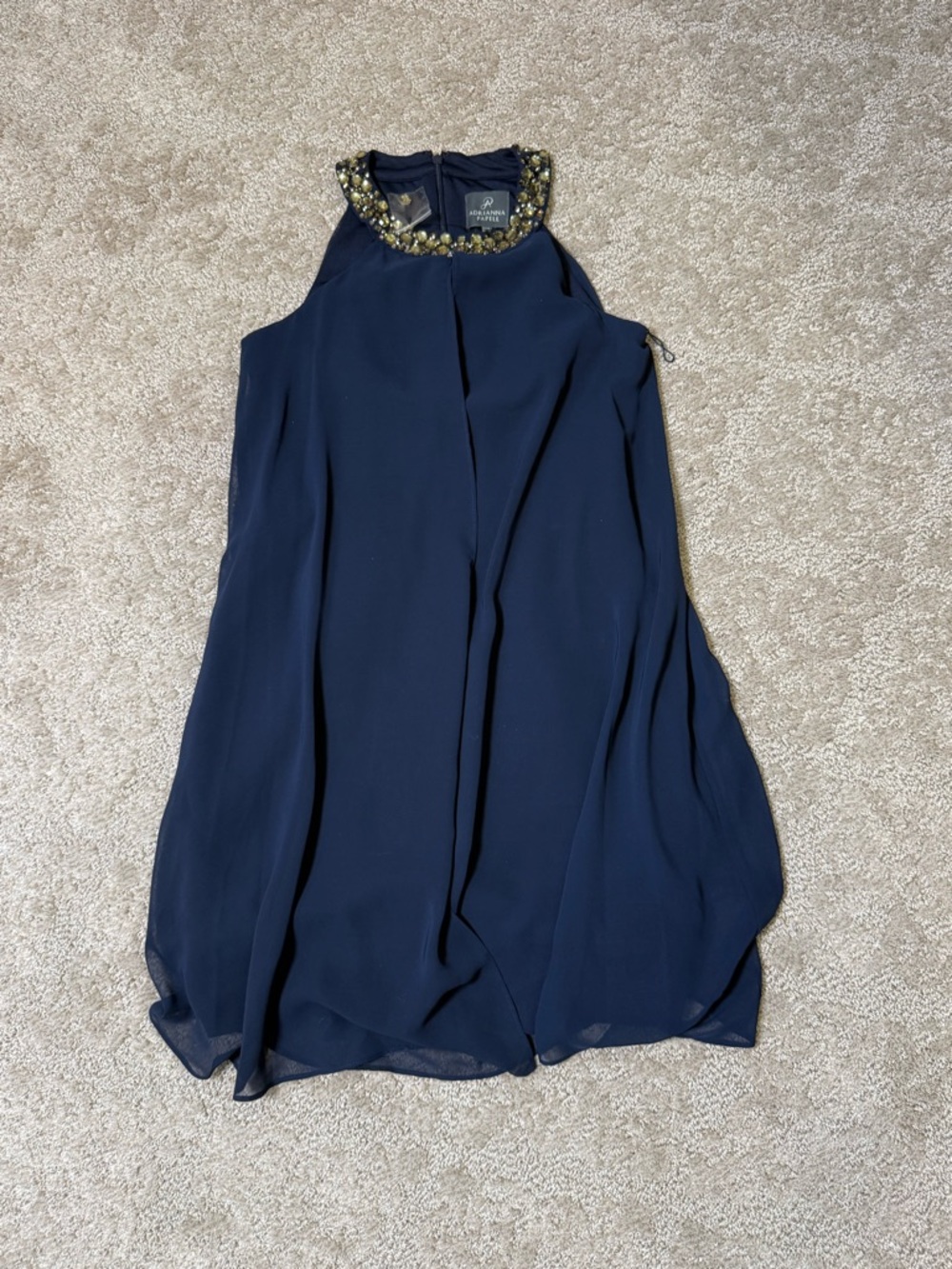 Adrianna Papell Navy Shift Dress with Gold Jewel Collar